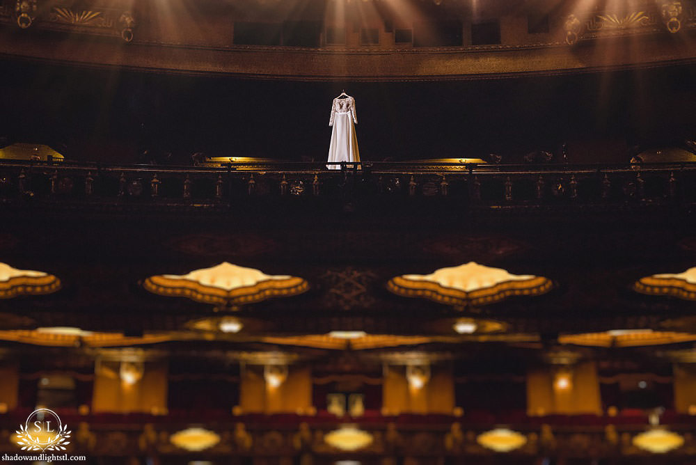 wedding dress on balcony at Fabulous Fox Theater St Louis wedding