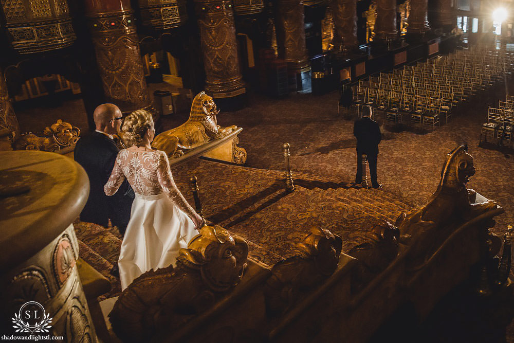 bride and groom first look at Fabulous Fox Theater St Louis wedding