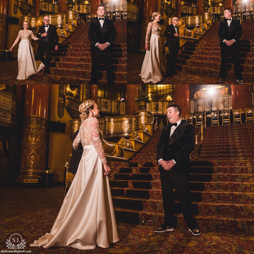 bride and groom first look at Fabulous Fox Theater St Louis wedding