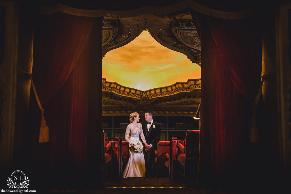 bride and groom at Fabulous Fox Theater St Louis wedding