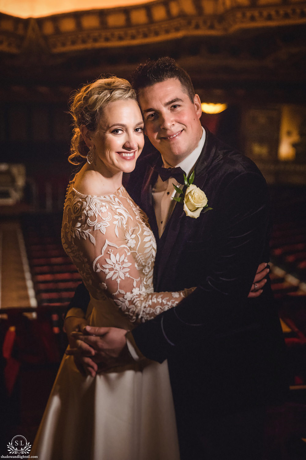 bride and groom portrait at Fabulous Fox Theater St Louis wedding