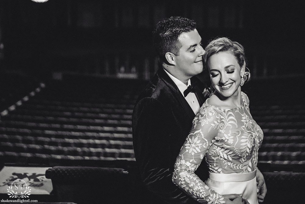 bride and groom at Fabulous Fox Theater St Louis wedding