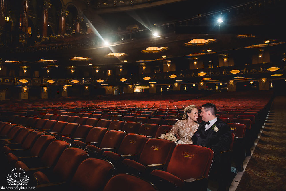 bride and groom at Fabulous Fox Theater St Louis wedding