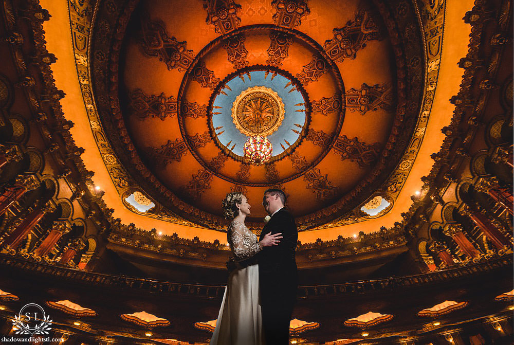 bride and groom at Fabulous Fox Theater St Louis wedding