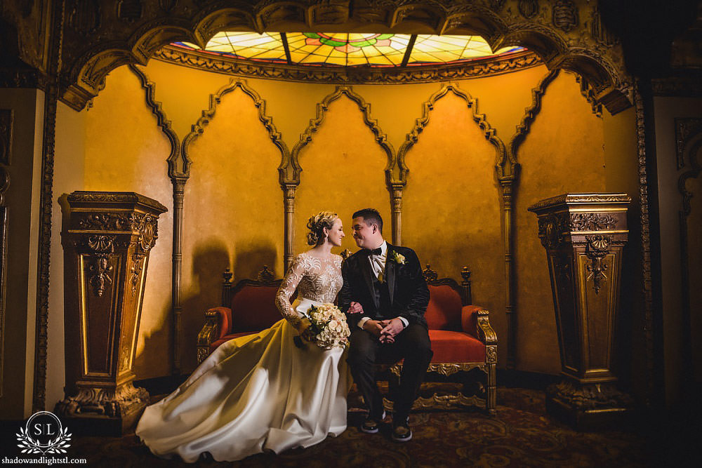 bride and groom at Fabulous Fox Theater St Louis wedding