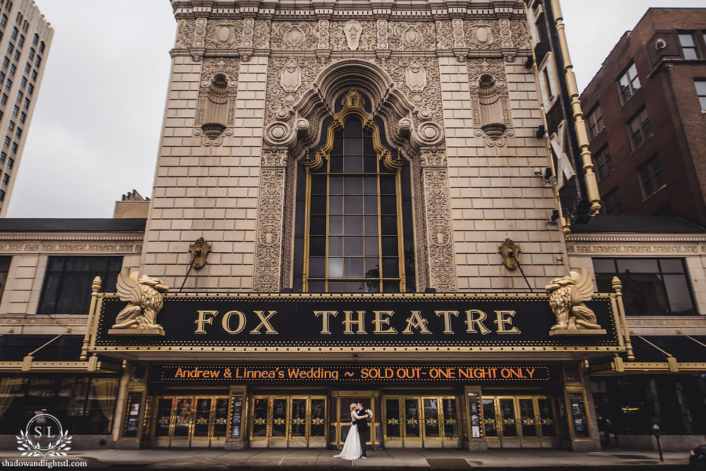 bride and groom outside at Fabulous Fox Theater St Louis wedding