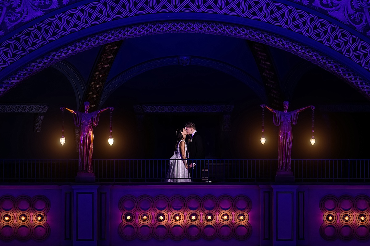 couple on the balcony in beautiful St. Louis Union Station wedding photo