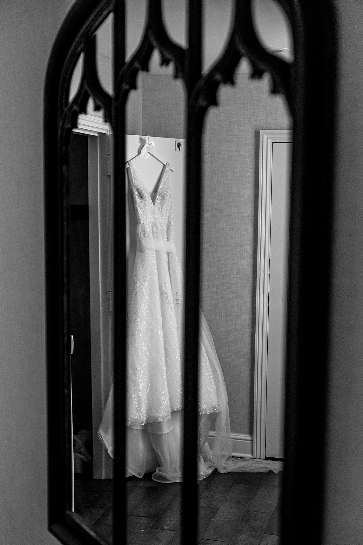 wedding dress in room in beautiful St. Louis Union Station wedding photo