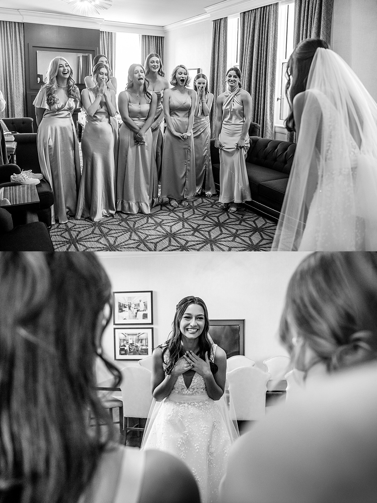 bridesmaids seeing the bride in her dress in beautiful St. Louis Union Station wedding photo