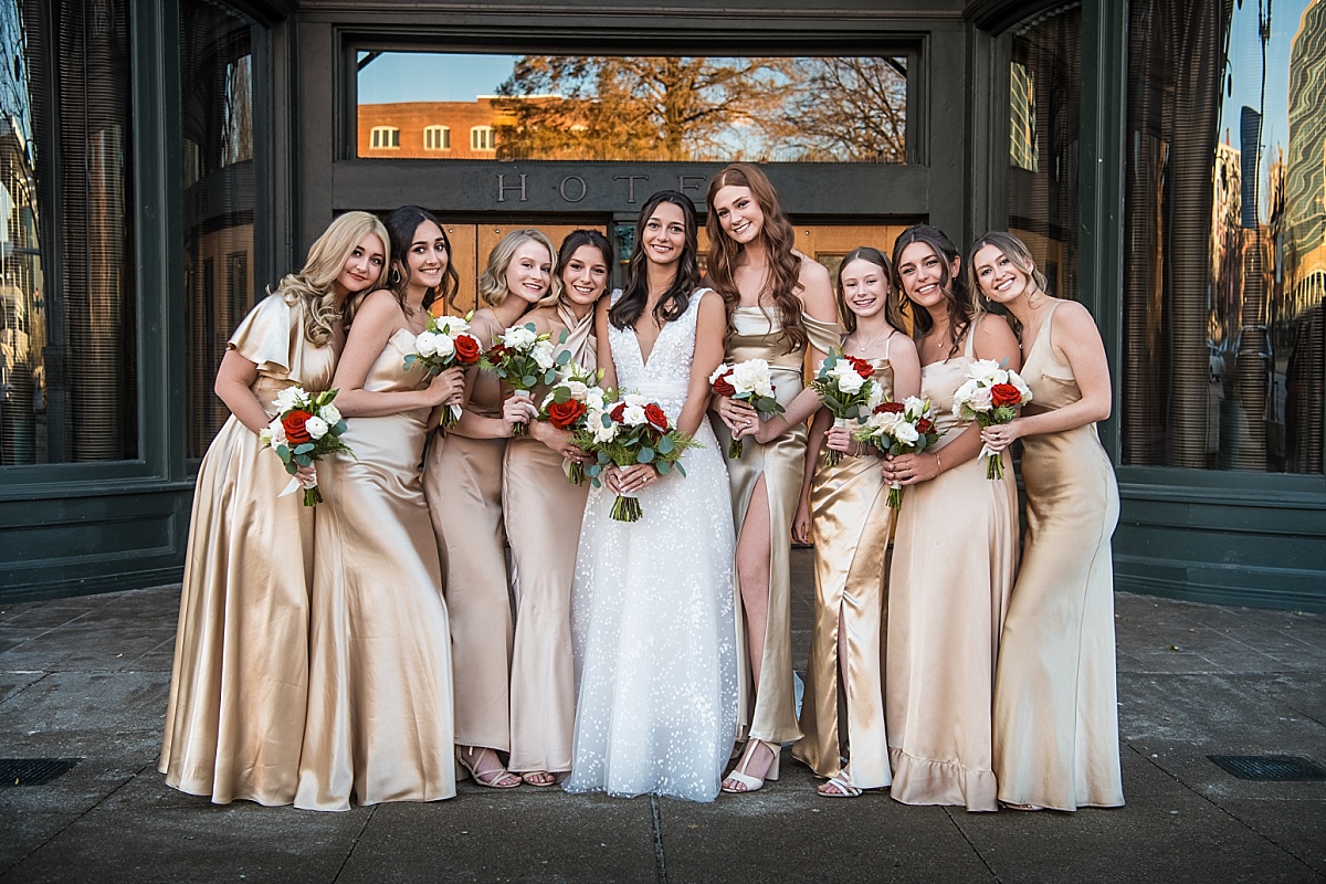 bridesmaids with bride in beautiful St. Louis Union Station wedding photo