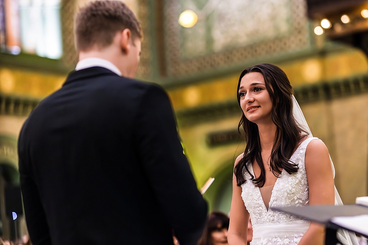 Bride smiling in beautiful St. Louis Union Station wedding photo
